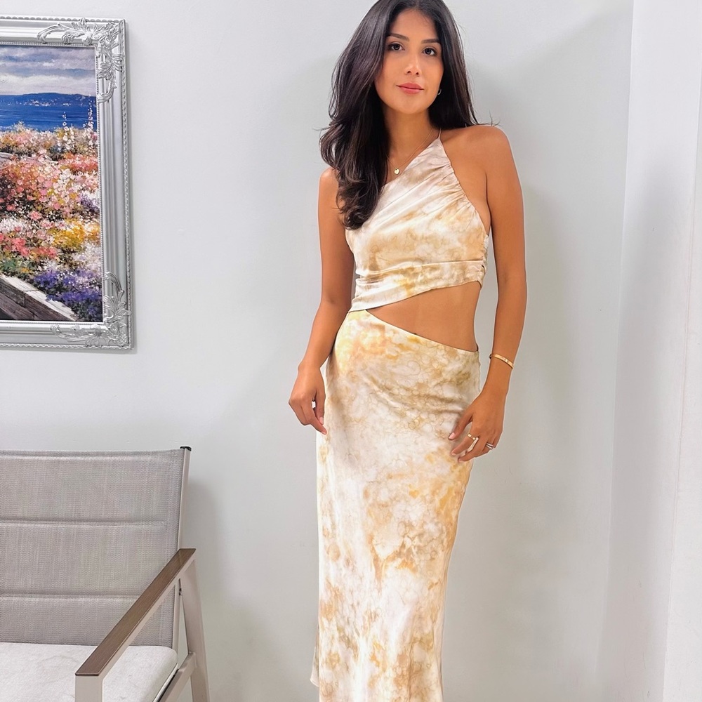 Zara Cream and Tan Tie-Dye Maxi Dress